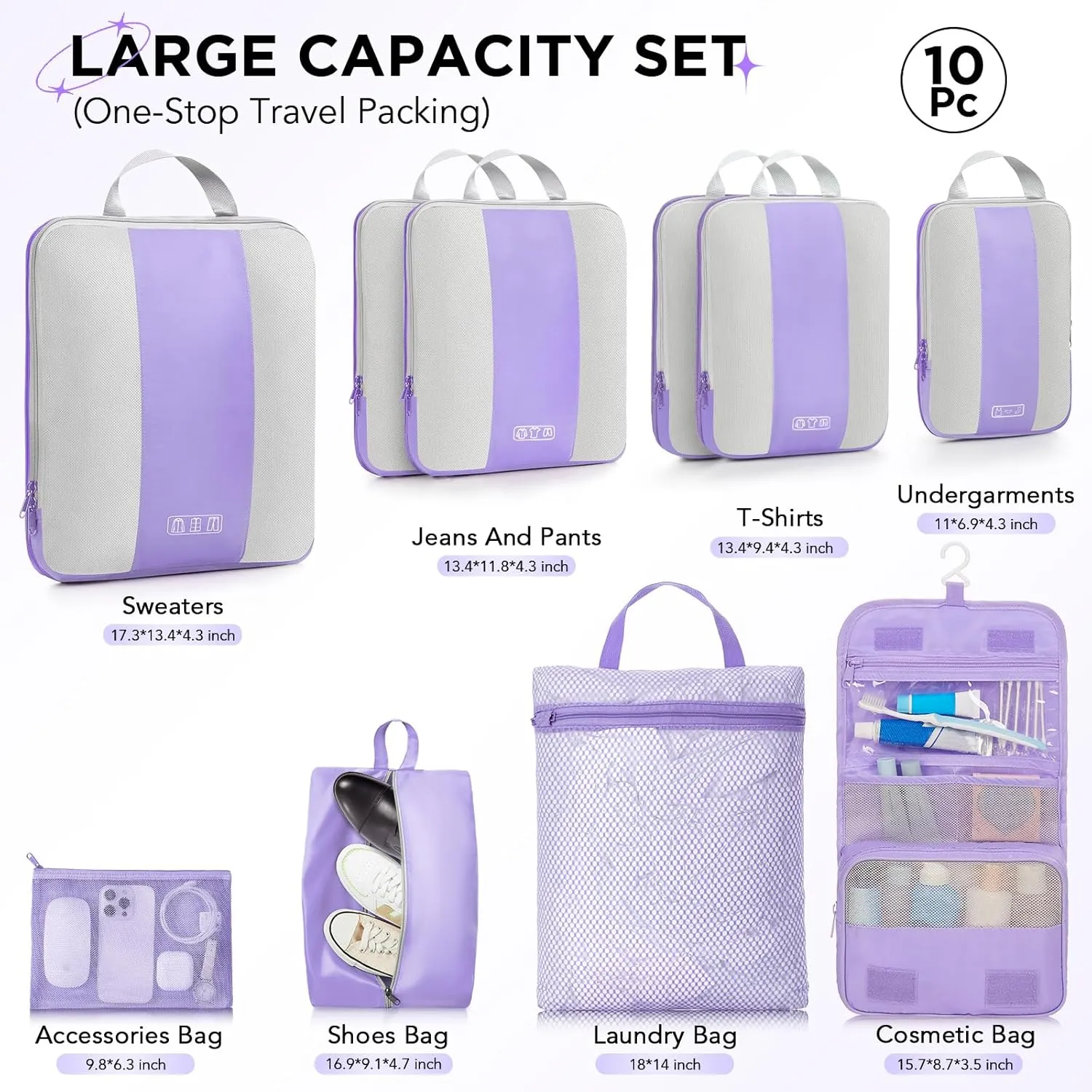 OlarHike 10 Set Compression Packing Cubes for Travel Essentials,Compressible Expandable Packing Cubes for Suitcase,Luggage Organizer Bags for Travel,Handy Helper for Organizing Clothes(Light Purple)