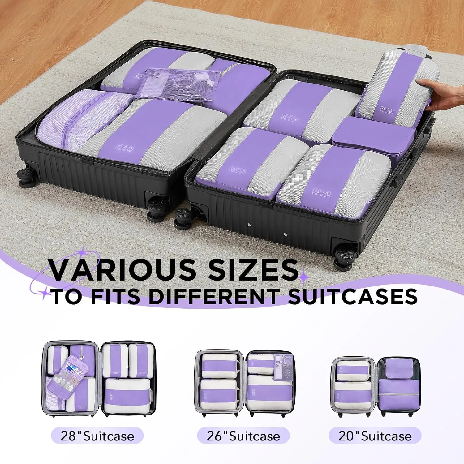 OlarHike 10 Set Compression Packing Cubes for Travel Essentials,Compressible Expandable Packing Cubes for Suitcase,Luggage Organizer Bags for Travel,Handy Helper for Organizing Clothes(Light Purple)