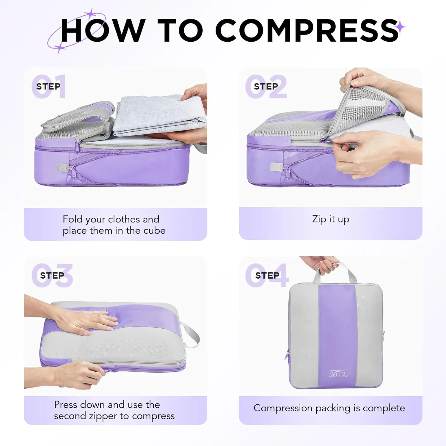 OlarHike 10 Set Compression Packing Cubes for Travel Essentials,Compressible Expandable Packing Cubes for Suitcase,Luggage Organizer Bags for Travel,Handy Helper for Organizing Clothes(Light Purple)