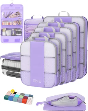 OlarHike 10 Set Compression Packing Cubes for Travel Essentials,Compressible Expandable Packing Cubes for Suitcase,Luggage Organizer Bags for Travel,Handy Helper for Organizing Clothes(Light Purple)
