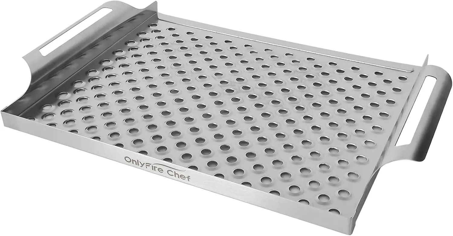 Onlyfire Stainless Steel Grill Pan, Nonstick Grill Topper Grid BBQ Tray with Perforated Bottom and Handles for Seafood, Meats, Vegetables, Great for Most Grills and Smokers