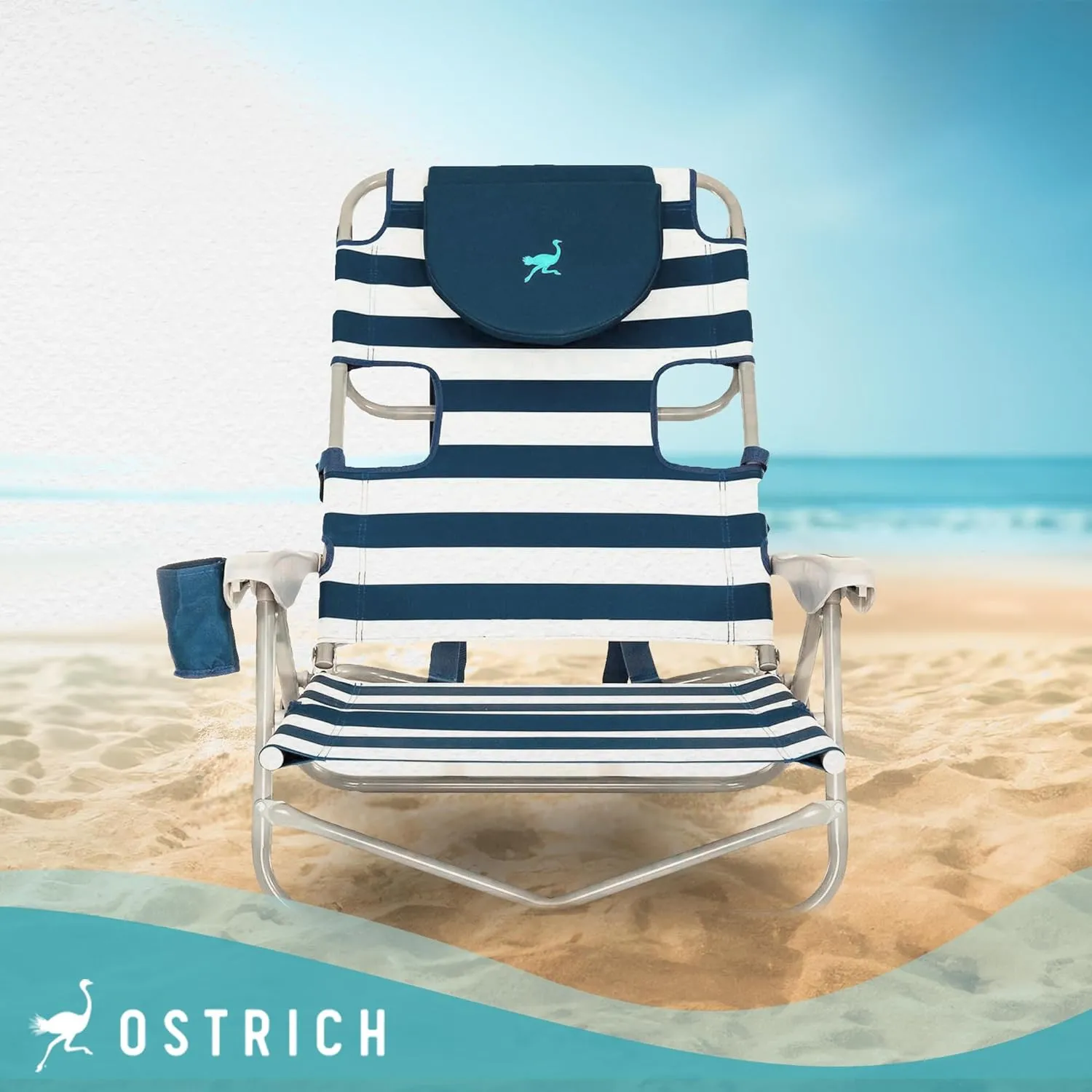 Ostrich On-Your-Back Lightweight Beach Reclining Lounge Lawn Chair w/Backpack Straps, Outdoor Furniture for Pool, Camping, or Backyard, Blue Stripe