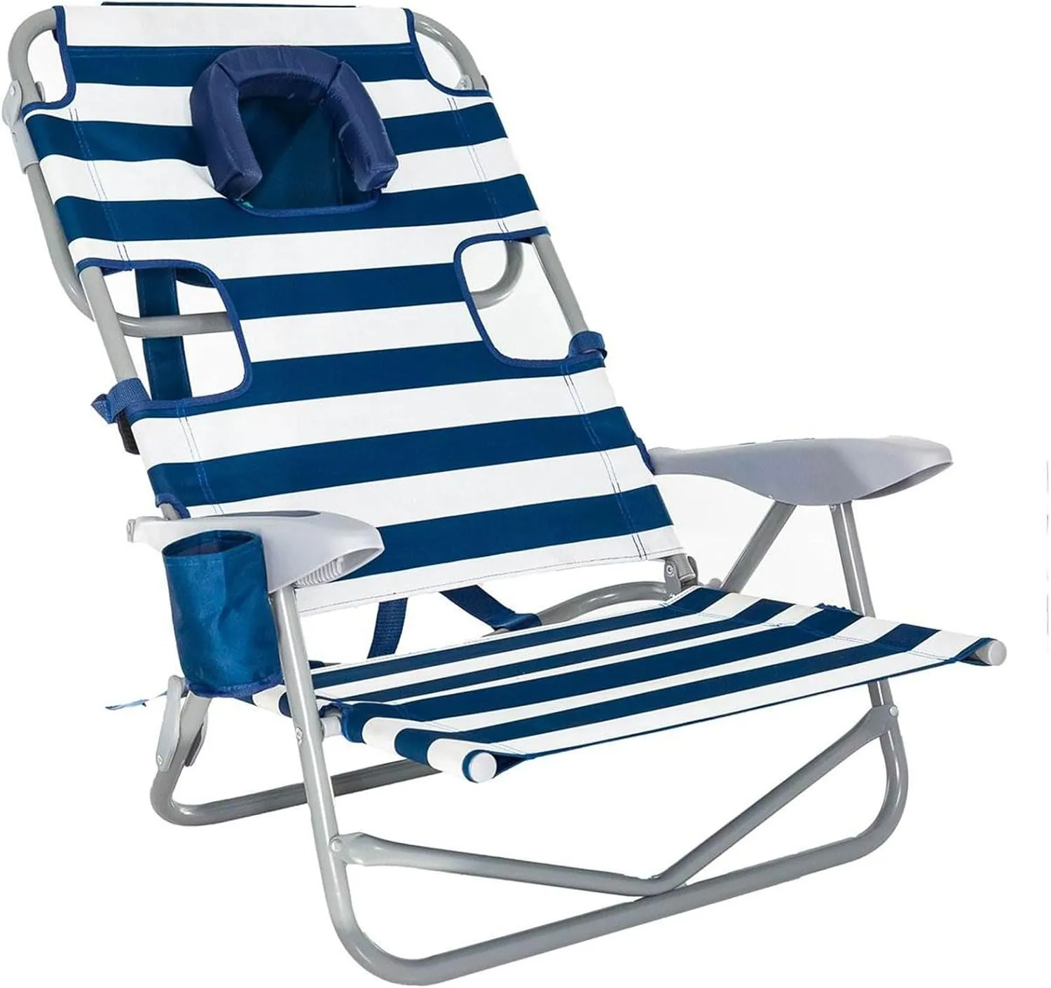 Ostrich On-Your-Back Lightweight Beach Reclining Lounge Lawn Chair w/Backpack Straps, Outdoor Furniture for Pool, Camping, or Backyard, Blue Stripe