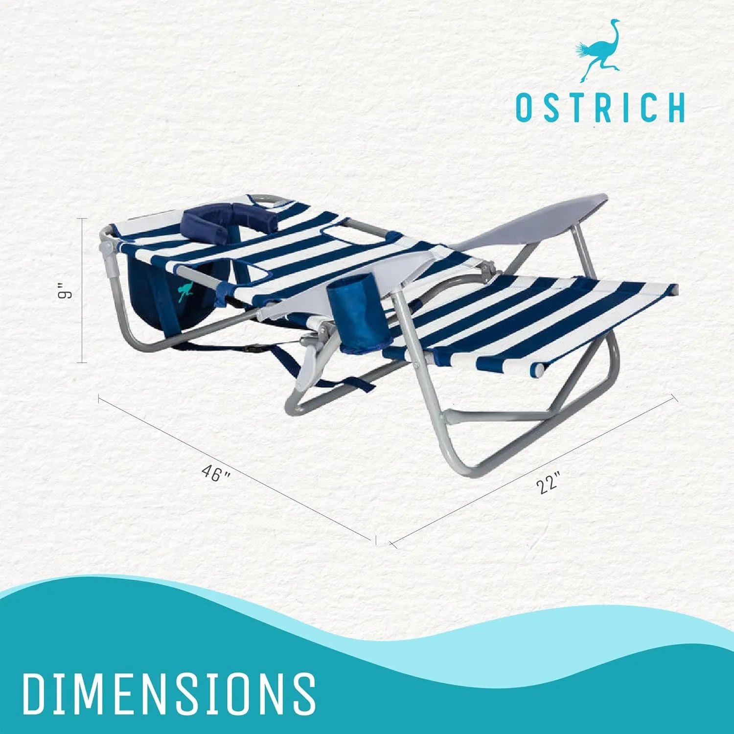 Ostrich On-Your-Back Lightweight Beach Reclining Lounge Lawn Chair w/Backpack Straps, Outdoor Furniture for Pool, Camping, or Backyard, Blue Stripe