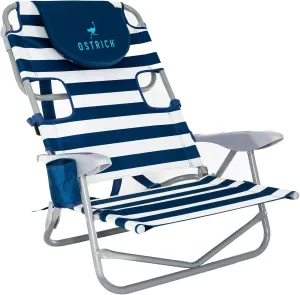 Ostrich On-Your-Back Lightweight Beach Reclining Lounge Lawn Chair w/Backpack Straps, Outdoor Furniture for Pool, Camping, or Backyard, Blue Stripe