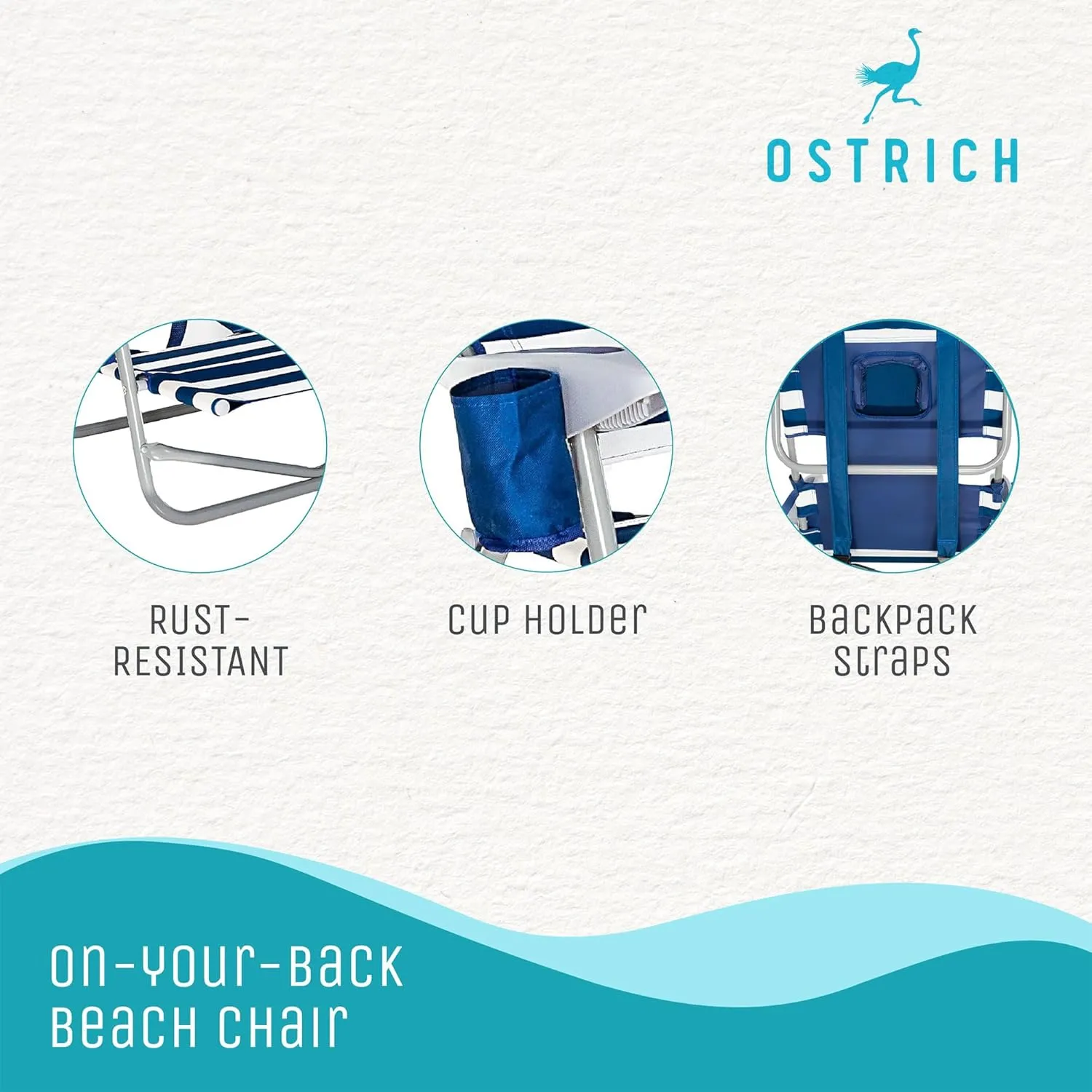 Ostrich On-Your-Back Lightweight Beach Reclining Lounge Lawn Chair w/Backpack Straps, Outdoor Furniture for Pool, Camping, or Backyard, Blue Stripe