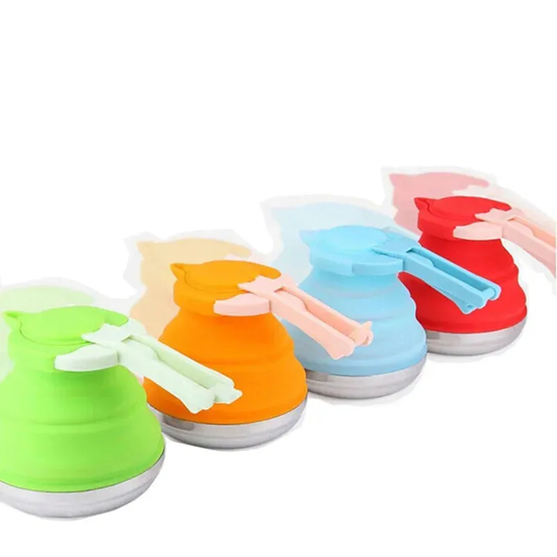 Outdoor Folding Silicone Water Kettle 1.2L Tea Boiler Portable Camping Kitchen Supplies Steel Bottom Boiling Water Kettle