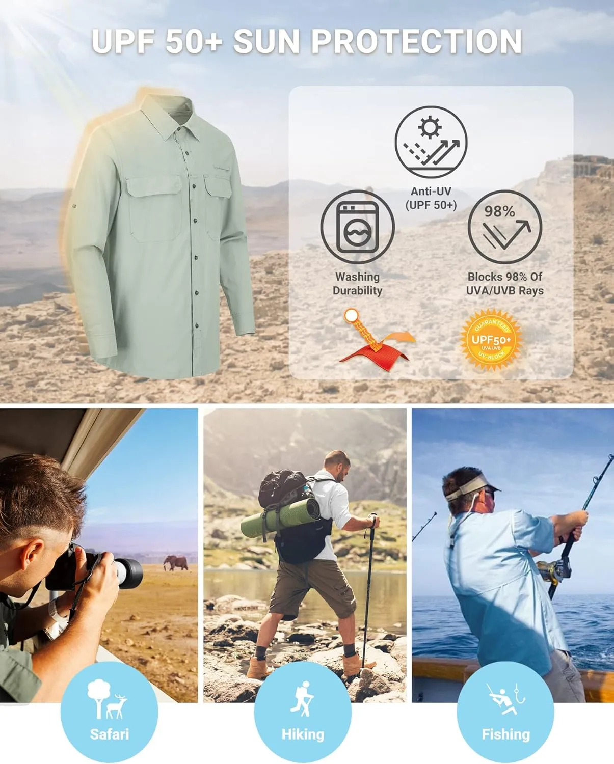 Outdoor Ventures Men's UPF 50  UV Sun Protection Shirt, Long Sleeve Hiking Fishing Shirt Cooling Quick Dry for Safari Travel