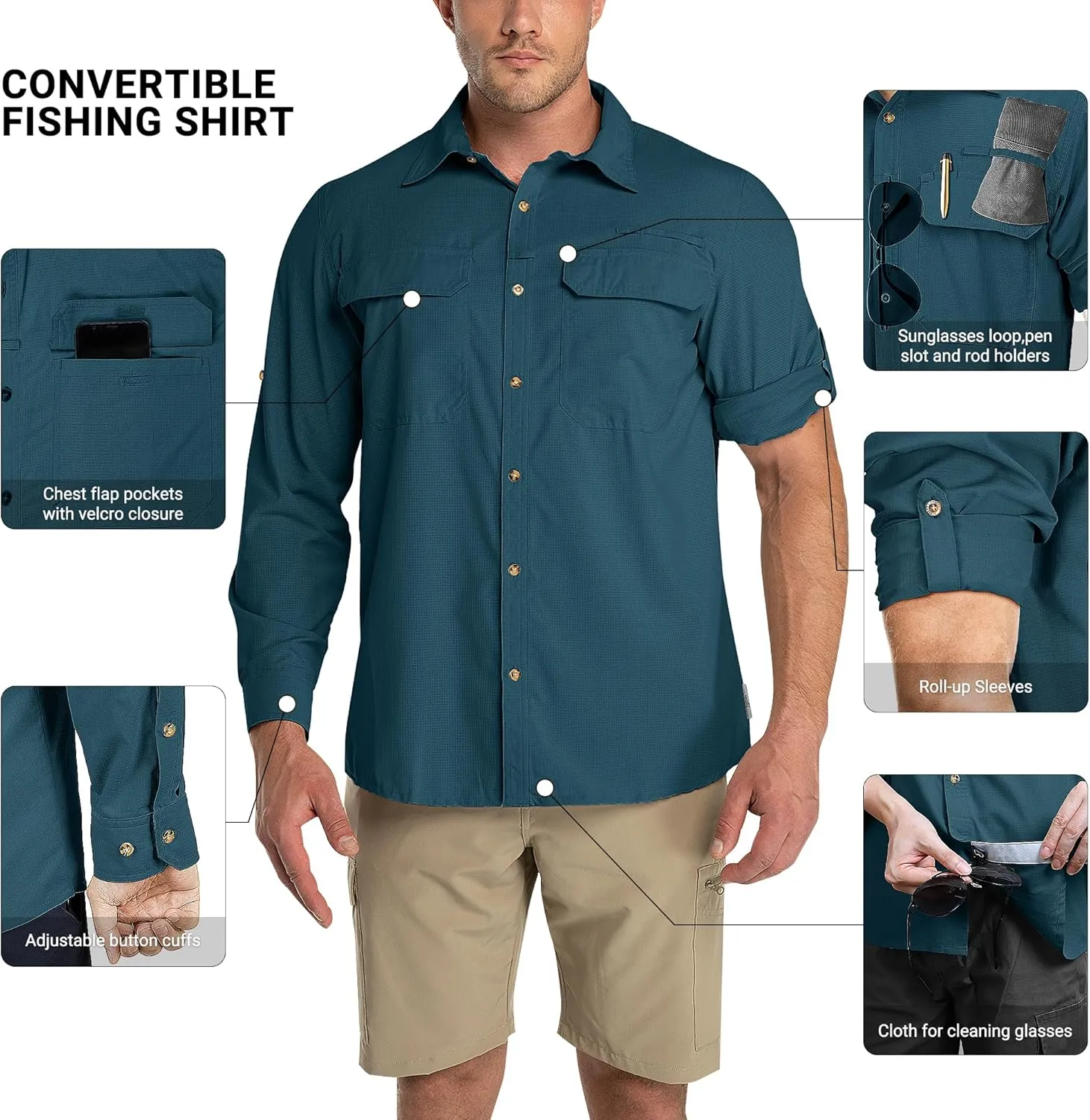 Outdoor Ventures Men's UPF 50  UV Sun Protection Shirt, Long Sleeve Hiking Fishing Shirt Cooling Quick Dry for Safari Travel
