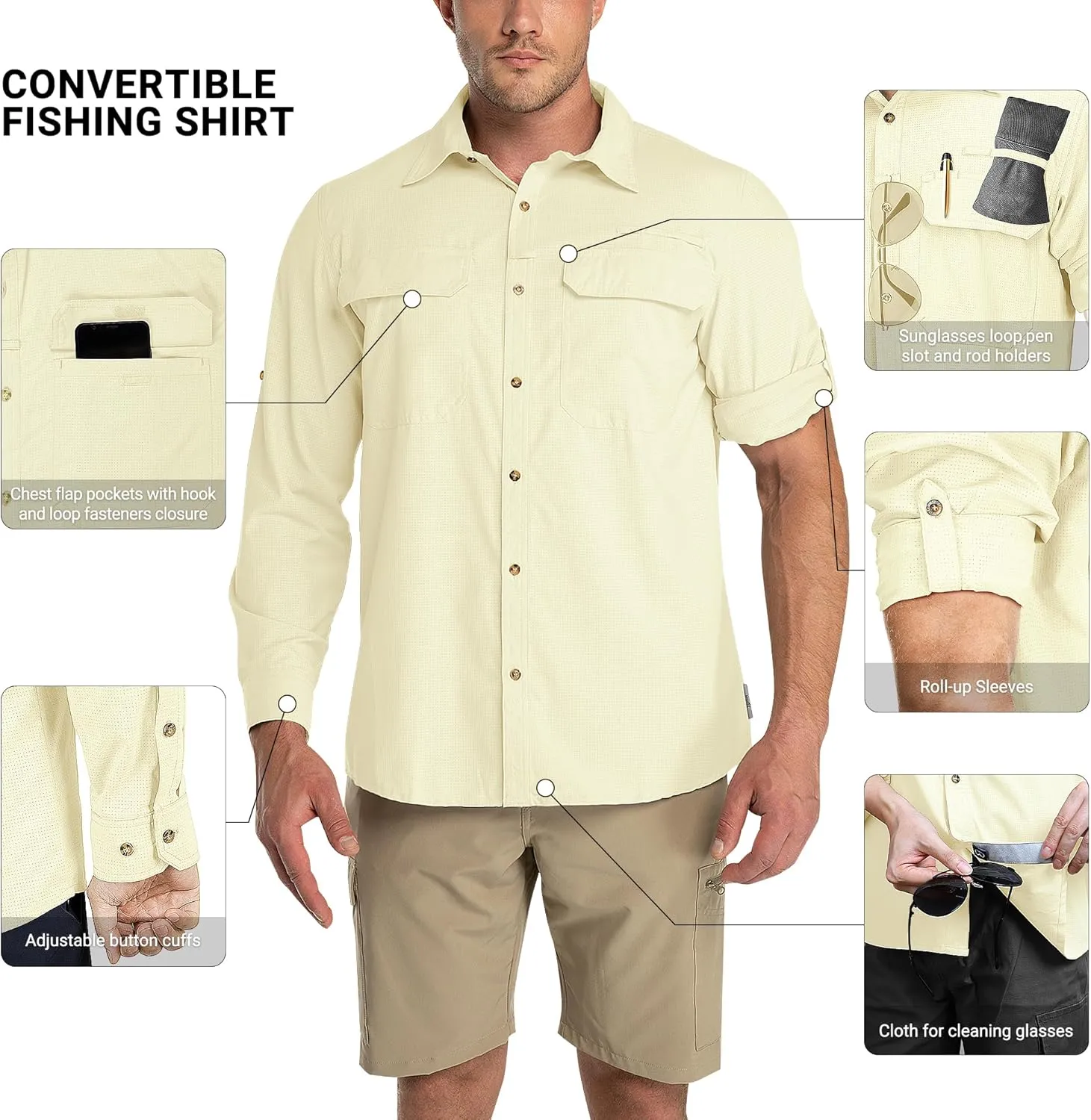 Outdoor Ventures Men's UPF 50  UV Sun Protection Shirt, Long Sleeve Hiking Fishing Shirt Cooling Quick Dry for Safari Travel