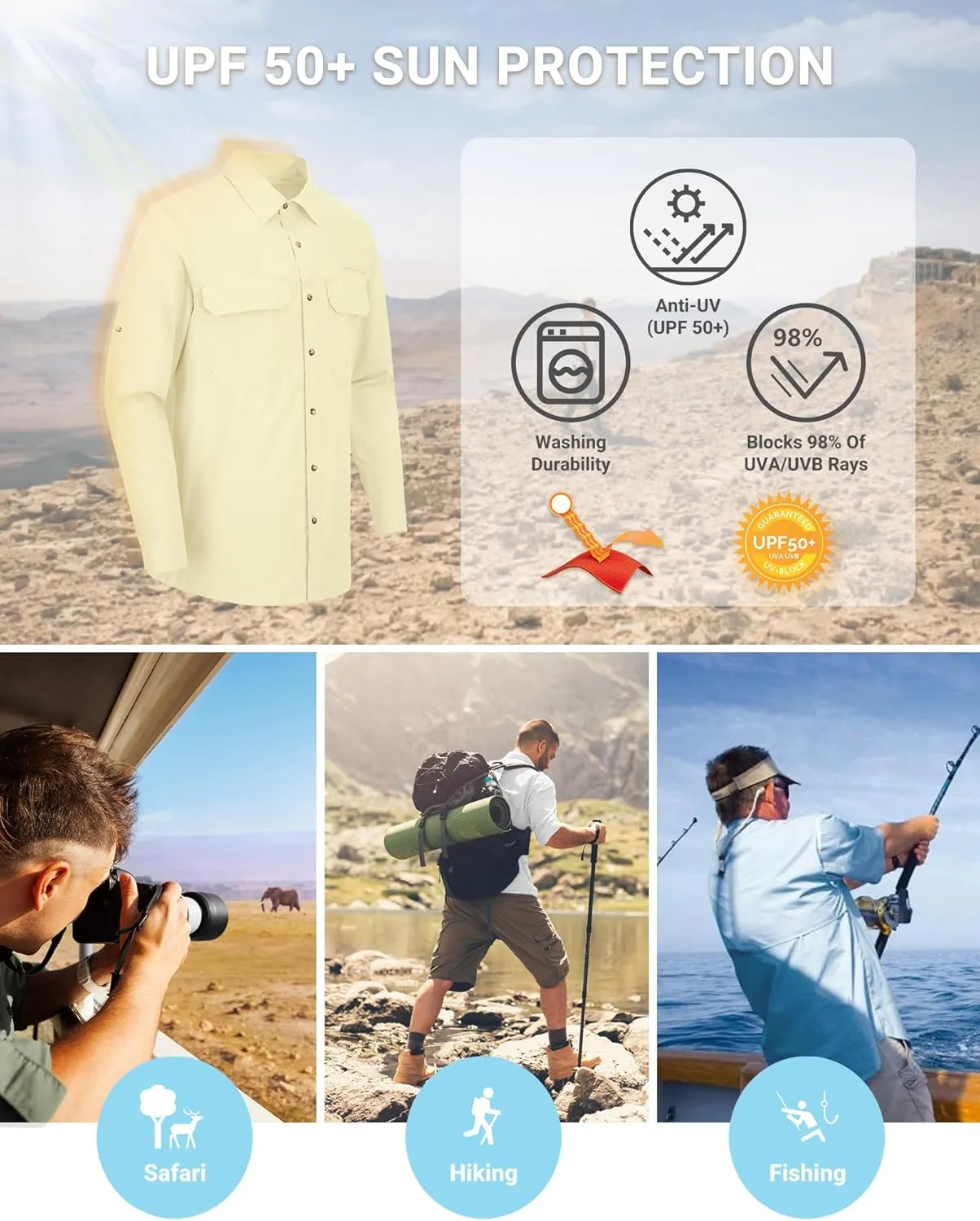 Outdoor Ventures Men's UPF 50  UV Sun Protection Shirt, Long Sleeve Hiking Fishing Shirt Cooling Quick Dry for Safari Travel
