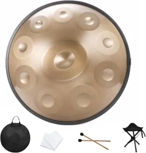“OW” Hand Pan in D Minor 10 Notes Steel Hand Drum and Soft Hand Pan Bag - 22.8 Inches (58cm), Gold(D Minor) with 10 Notes D3 A3 B3b C4 D4 E4 F4 G4 A4 C5, Gift Idea