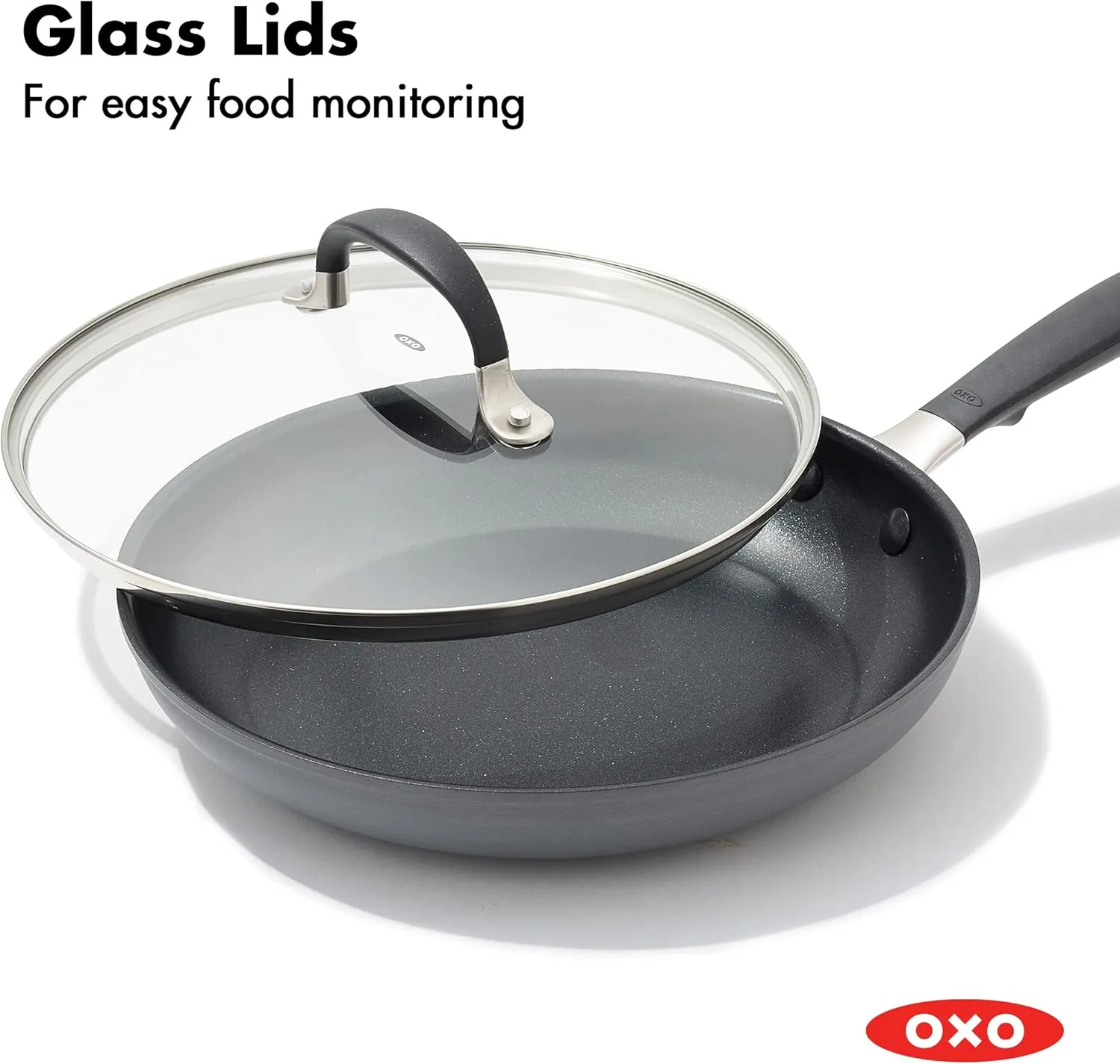 OXO Good Grips 9.5" Frying Pan Skillet with Lid, 3-Layered German Engineered Nonstick Coating, Stainless Steel Handle with Nonslip Silicone, Black