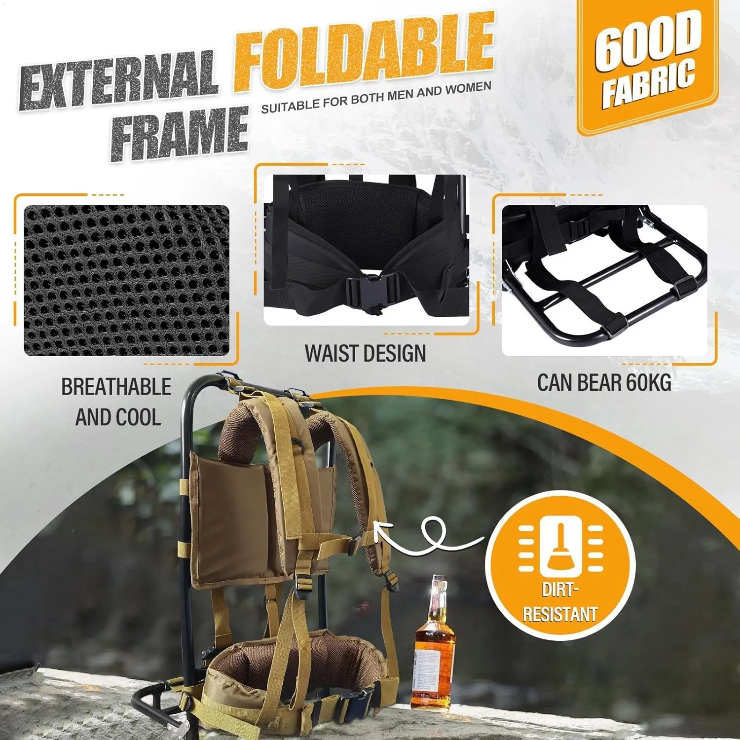 Pack Frames for Hunting, Foldable Hunting Pack Frame Hiking Backpack Frame, Hunting Backpack Frame Portable Backpack Accessories for Travel, Outdoor Activity - Khaki
