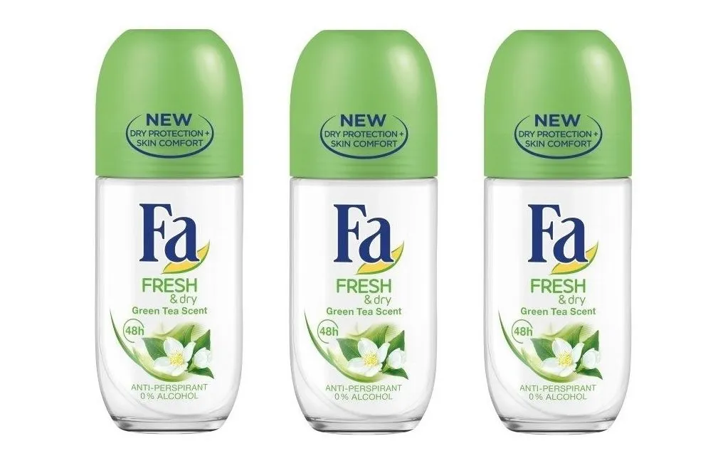 (Pack of 3 Bottles) Fa Fresh & Dry Green Tea Scent Women's Roll On Anti-perspirant Deodorant (Pack of 3 Bottles, 1.7oz / 50ml Each Bottle)