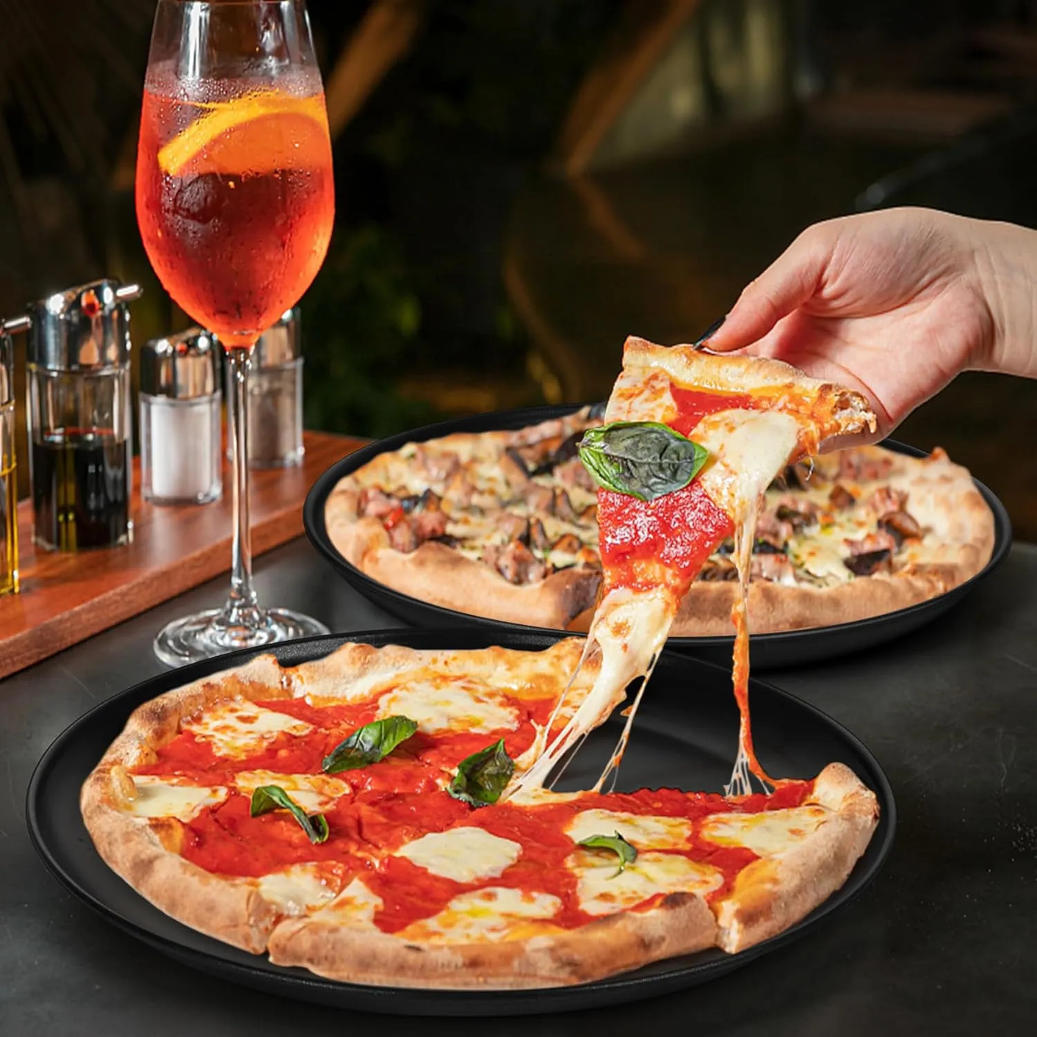 P&P CHEF Pizza Pan Set of 2, Stainless Steel Pizza Tray, Round Pizza Plate For Pie Cookie Pizza Cake, Non Toxic & Heavy Duty, Dishwasher Safe & Easy Clean, 13.5 Inch & Black