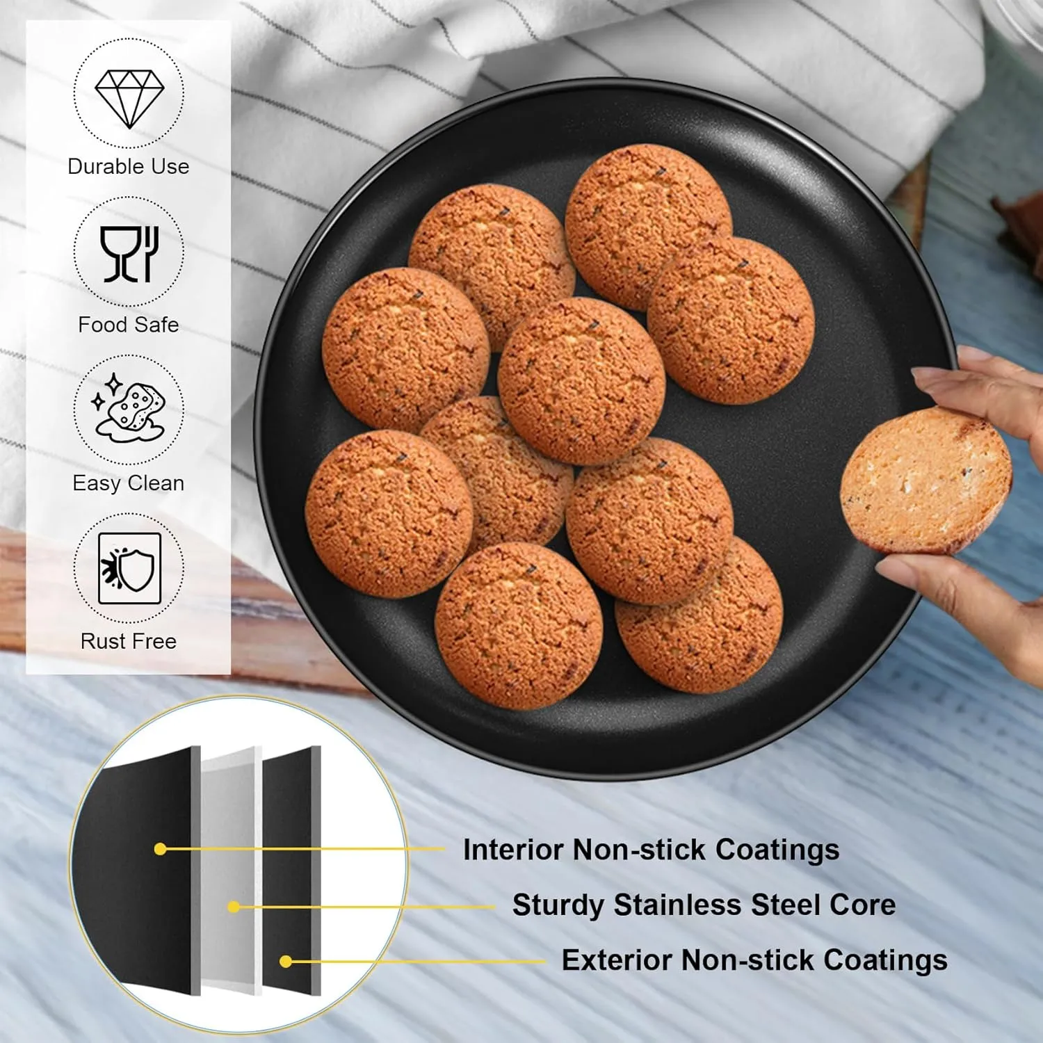 P&P CHEF Pizza Pan Set of 2, Stainless Steel Pizza Tray, Round Pizza Plate For Pie Cookie Pizza Cake, Non Toxic & Heavy Duty, Dishwasher Safe & Easy Clean, 13.5 Inch & Black
