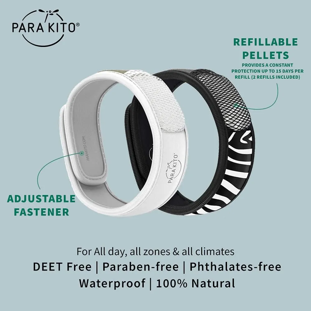 PARA'KITO Mosquito Repellent Bracelets   Refill Pellets Bundle, Mosquito Bracelets, Peppermint Oil, DEET Free Mosquito Repeller, Hiking Accessories, 2 Wristbands & 2 Refills (White   Zebra)