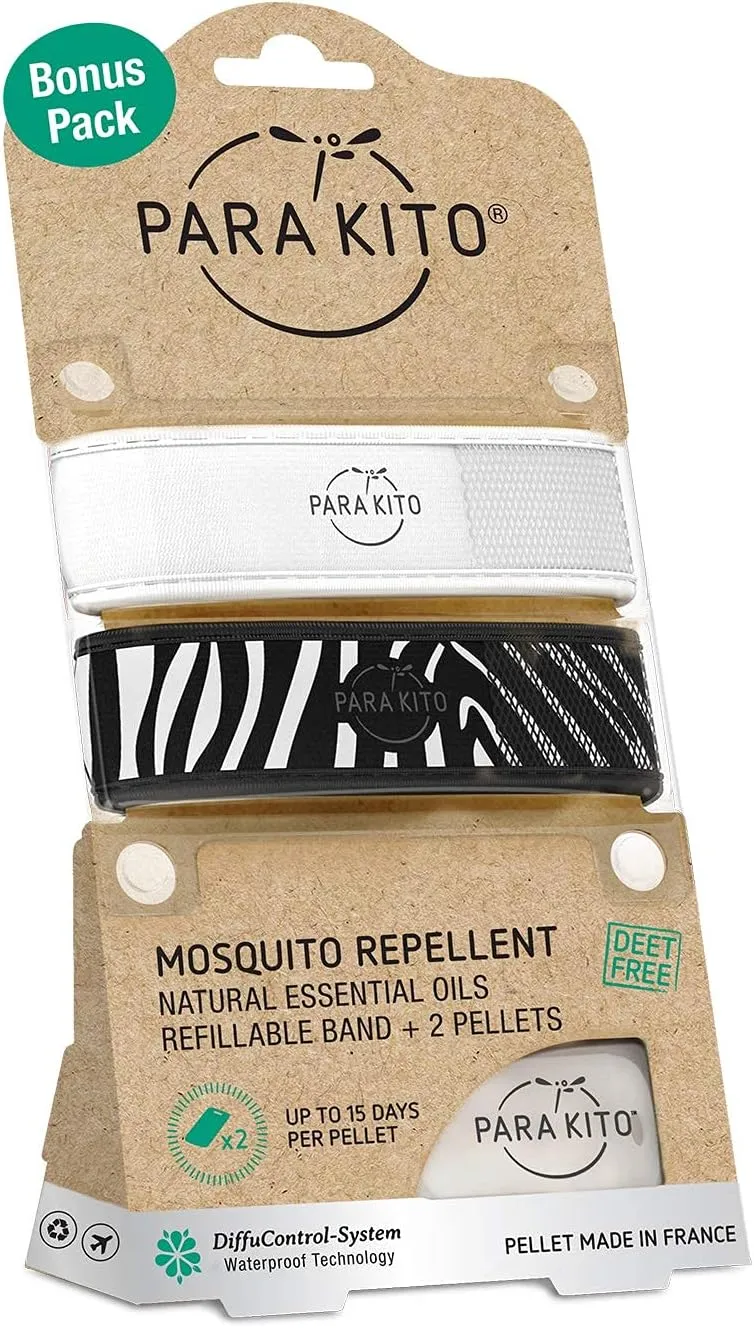 PARA'KITO Mosquito Repellent Bracelets   Refill Pellets Bundle, Mosquito Bracelets, Peppermint Oil, DEET Free Mosquito Repeller, Hiking Accessories, 2 Wristbands & 2 Refills (White   Zebra)