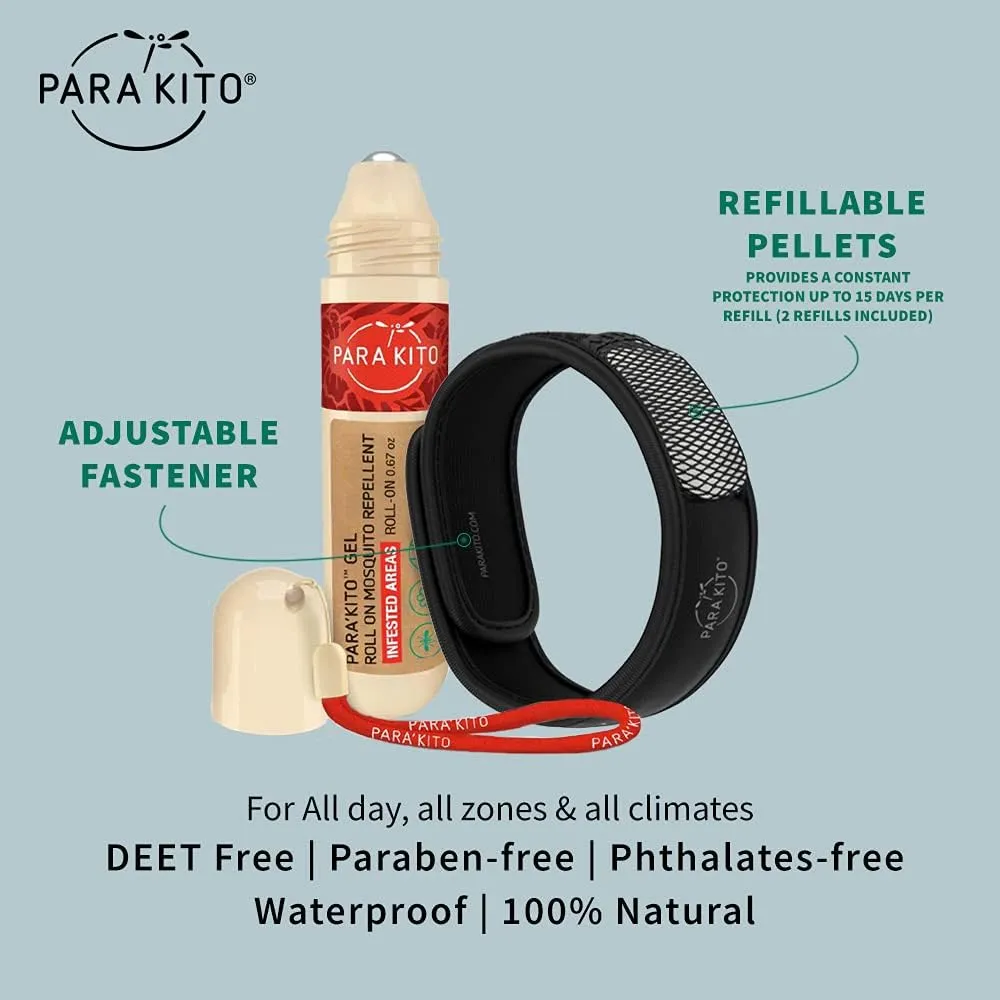 PARA'KITO Mosquito Repellent Bundle, 1 Mosquito Repellent Bracelet, 1 Roll-on Gel, Bug Repellent Bracelets, Wearable Mosquito Repellent Devices, Black