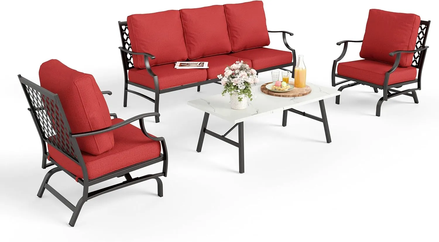 Patio Furniture Set 4 pcs, Outdoor Patio Furniture, 3-Seat Sofa, 2 Rocking Chairs, Coffee Table and 5.75" Extra Thick Cushions, Conversation Set for Backyard Deck, Red