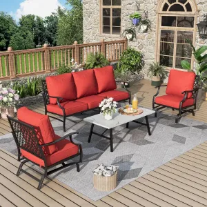 Patio Furniture Set 4 pcs, Outdoor Patio Furniture, 3-Seat Sofa, 2 Rocking Chairs, Coffee Table and 5.75" Extra Thick Cushions, Conversation Set for Backyard Deck, Red