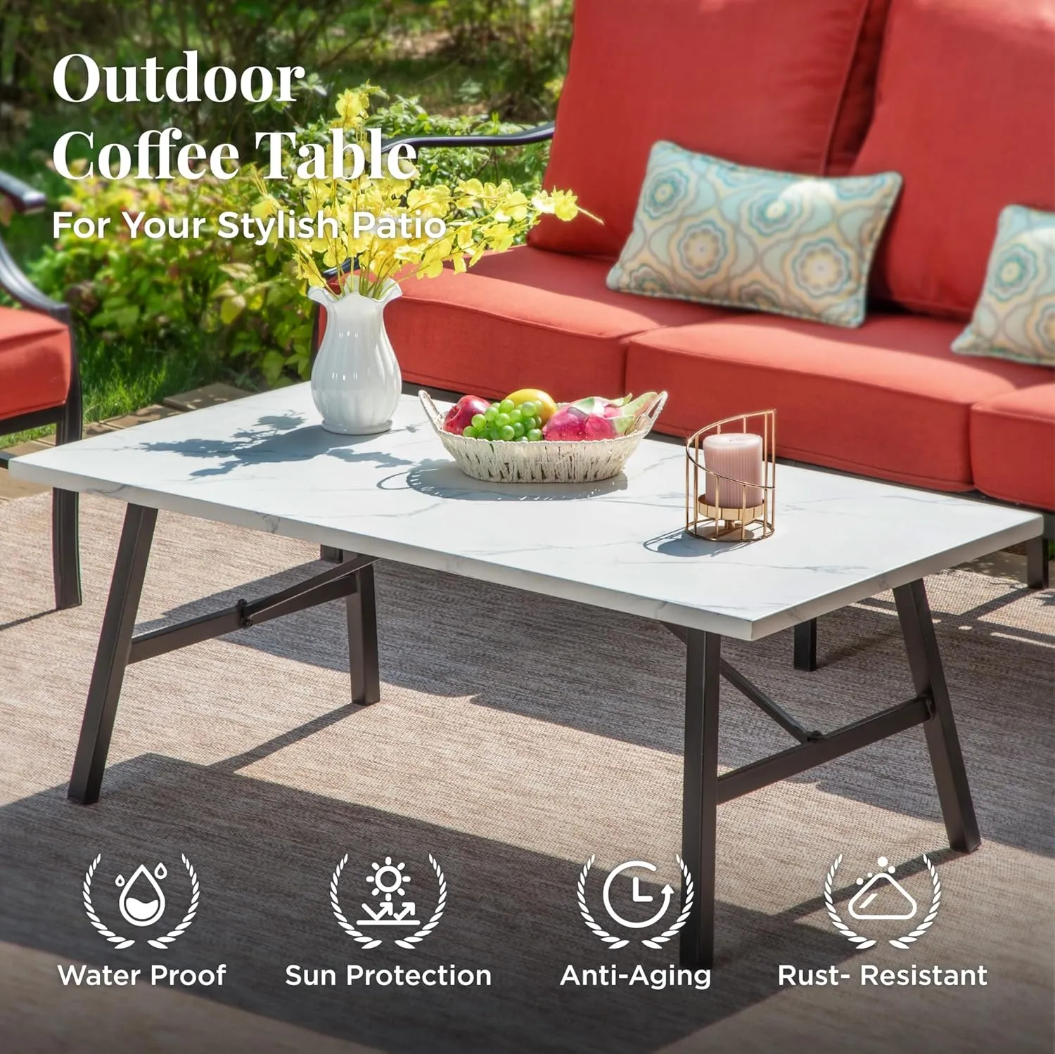 Patio Furniture Set 4 pcs, Outdoor Patio Furniture, 3-Seat Sofa, 2 Rocking Chairs, Coffee Table and 5.75" Extra Thick Cushions, Conversation Set for Backyard Deck, Red