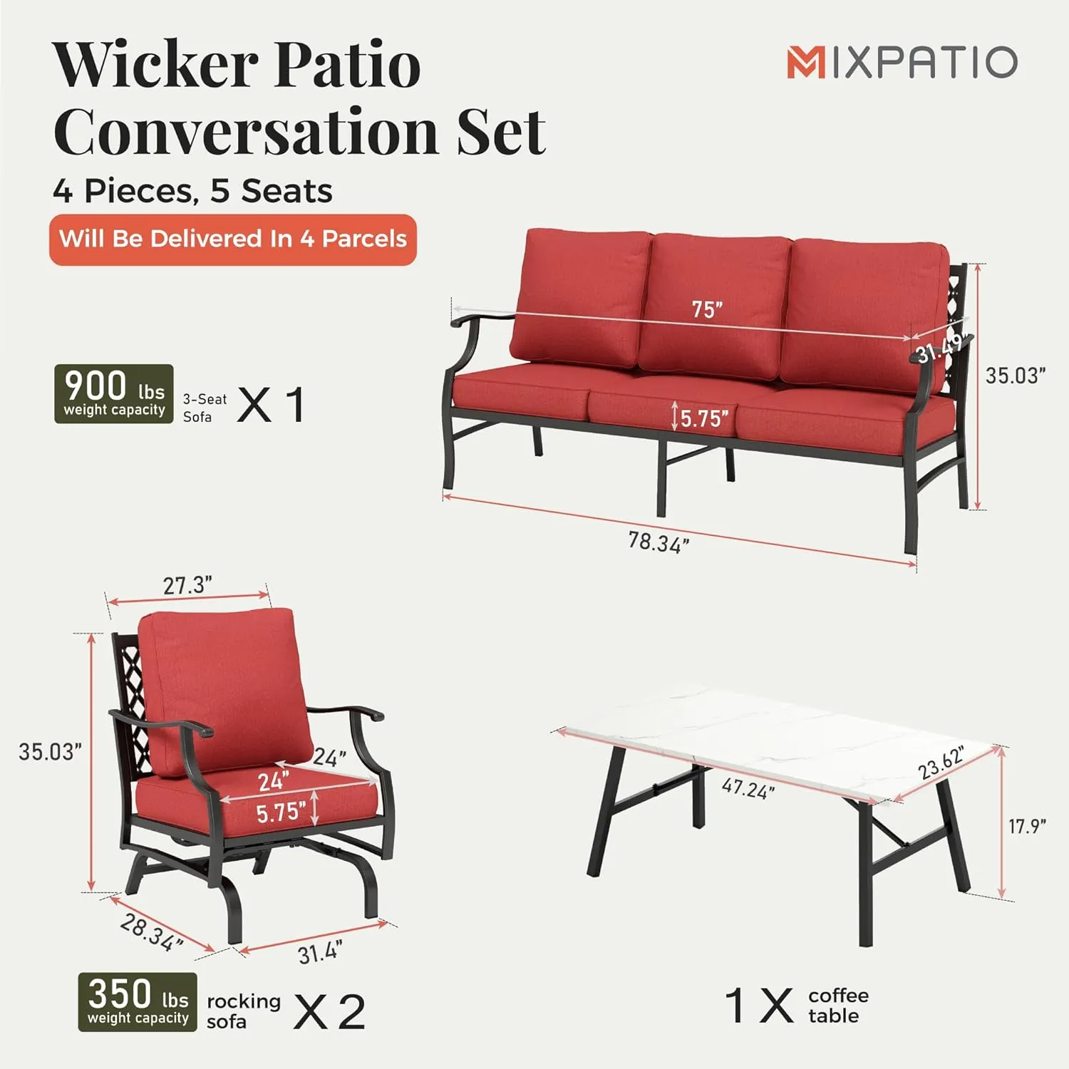 Patio Furniture Set 4 pcs, Outdoor Patio Furniture, 3-Seat Sofa, 2 Rocking Chairs, Coffee Table and 5.75" Extra Thick Cushions, Conversation Set for Backyard Deck, Red