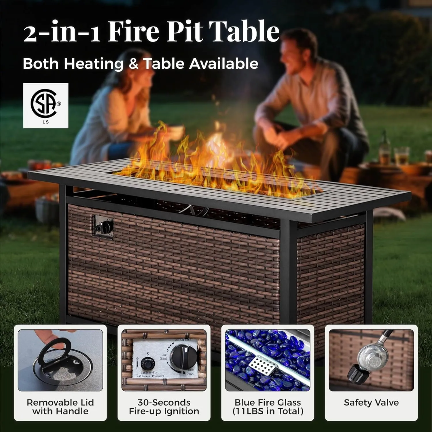 Patio Furniture Set, 6 Pcs Wicker Rattan Outdoor Conversation Set, 2 x Leg Chairs, 1 x 3 Seater Sofa and 2 x Ottoman with 4" Thick Cushion and 56" Fire Pit Table, Beige
