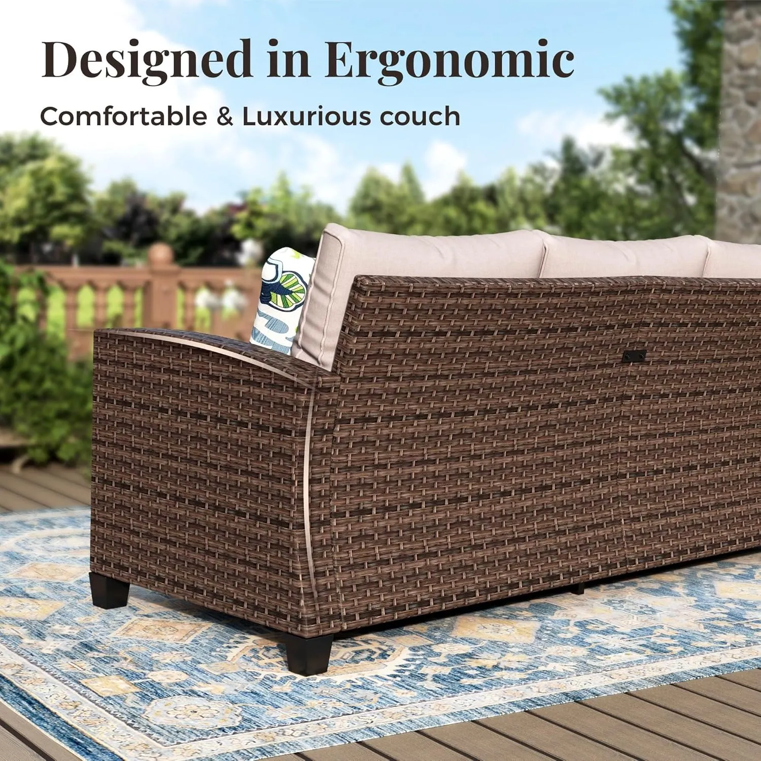 Patio Furniture Set, 6 Pcs Wicker Rattan Outdoor Conversation Set, 2 x Leg Chairs, 1 x 3 Seater Sofa and 2 x Ottoman with 4" Thick Cushion and 56" Fire Pit Table, Beige