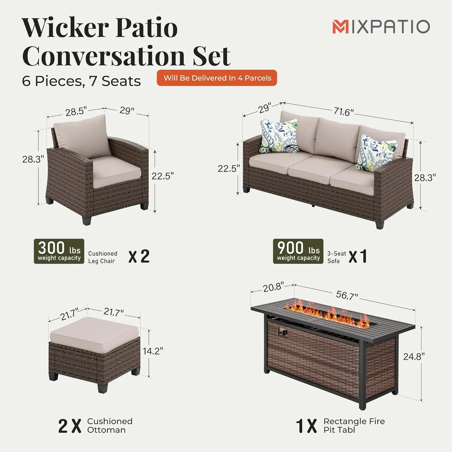 Patio Furniture Set, 6 Pcs Wicker Rattan Outdoor Conversation Set, 2 x Leg Chairs, 1 x 3 Seater Sofa and 2 x Ottoman with 4" Thick Cushion and 56" Fire Pit Table, Beige