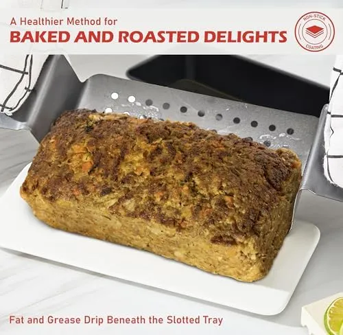 PERLLI Meat Loaf Pan with Drip Tray – 2 Pc. 9.8 x 5.7 In. High-Carbon-Steel Nonstick Meatloaf Pan with Drain Tray – Large BPA-Free Oven Loaf Pan for Baking, Bread, Cakes, Roasting Meat, & More