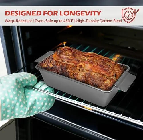 PERLLI Meat Loaf Pan with Drip Tray – 2 Pc. 9.8 x 5.7 In. High-Carbon-Steel Nonstick Meatloaf Pan with Drain Tray – Large BPA-Free Oven Loaf Pan for Baking, Bread, Cakes, Roasting Meat, & More