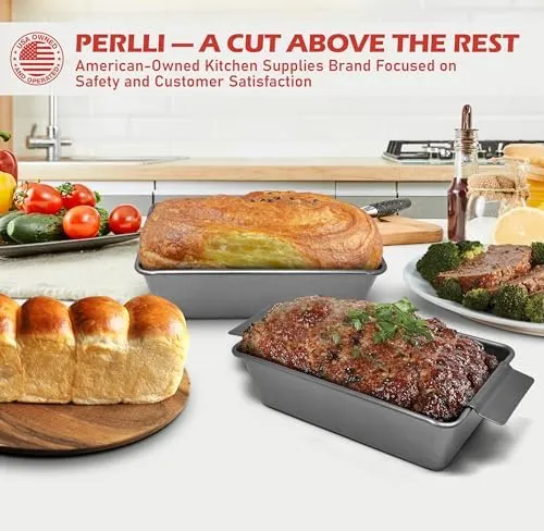 PERLLI Meat Loaf Pan with Drip Tray – 2 Pc. 9.8 x 5.7 In. High-Carbon-Steel Nonstick Meatloaf Pan with Drain Tray – Large BPA-Free Oven Loaf Pan for Baking, Bread, Cakes, Roasting Meat, & More