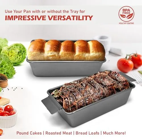PERLLI Meat Loaf Pan with Drip Tray – 2 Pc. 9.8 x 5.7 In. High-Carbon-Steel Nonstick Meatloaf Pan with Drain Tray – Large BPA-Free Oven Loaf Pan for Baking, Bread, Cakes, Roasting Meat, & More