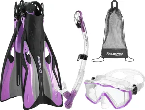 Phantom Aquatics Rapido Boutique Collection Clareza Three Window Tempered Glass Lens Mask Fin Snorkel Set with Snorkeling Gear Carry Bag