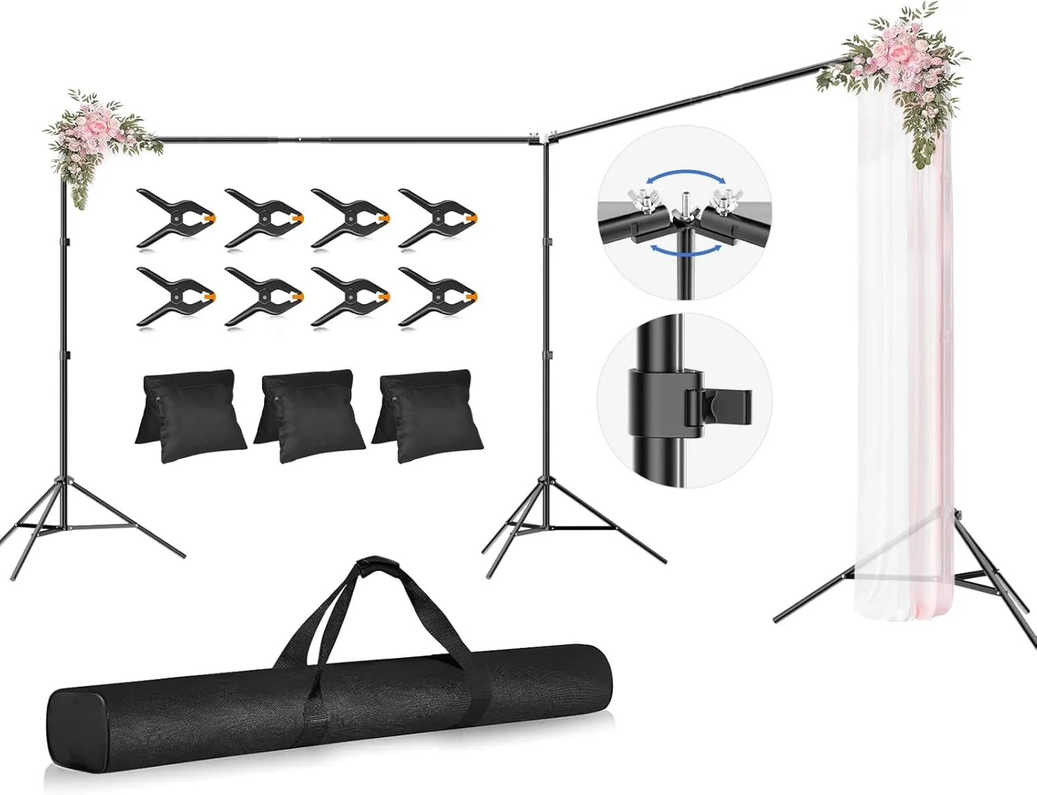 Photo Video Studio Large 20x7ft Heavy Duty Adjustable Backdrop Stand, Photography Background Support System Kit with 310° Angle Rotatable Connector, 8 Clamps, 3 Sandbags and Carrying Bag