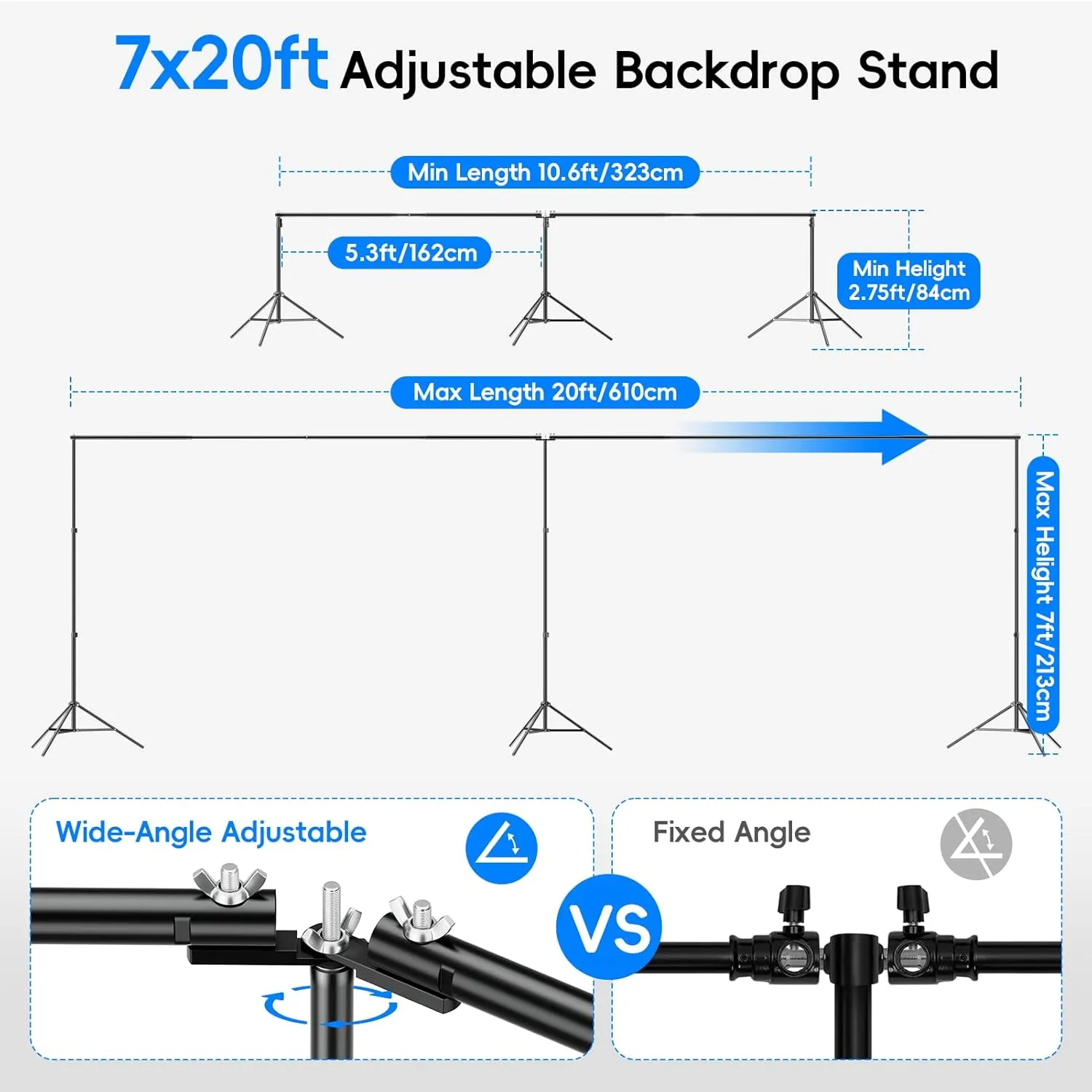 Photo Video Studio Large 20x7ft Heavy Duty Adjustable Backdrop Stand, Photography Background Support System Kit with 310° Angle Rotatable Connector, 8 Clamps, 3 Sandbags and Carrying Bag