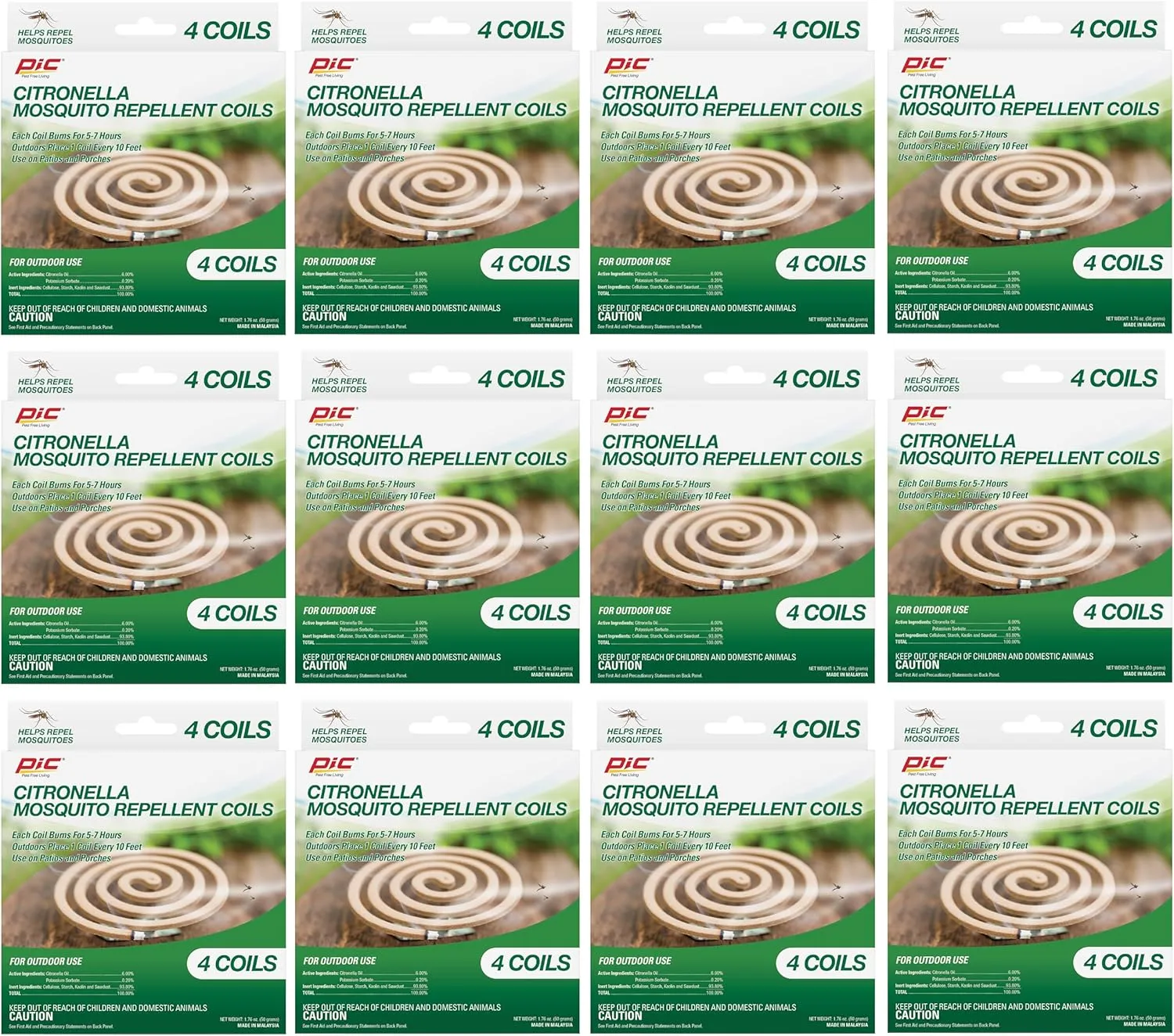 PIC Citronella Mosquito Repellent Coils (12 Packs of 4) CIT-Coil-4
