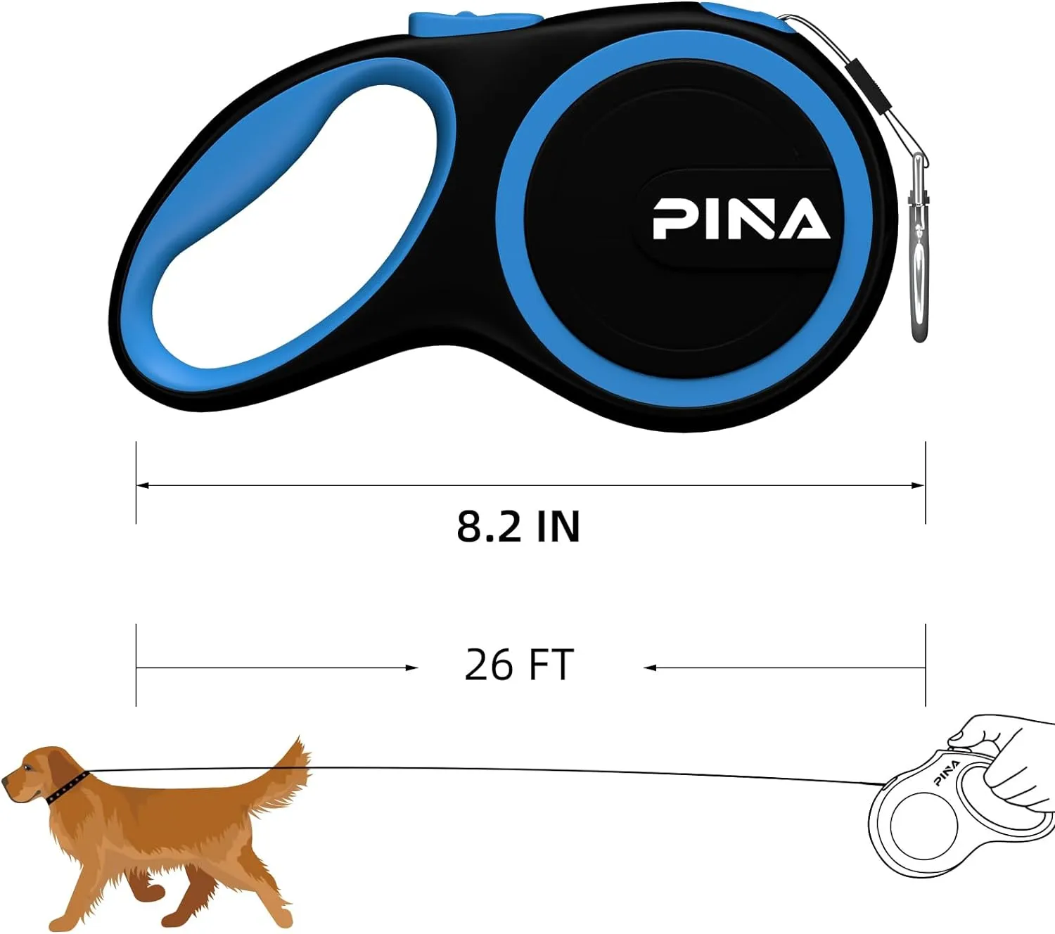 PINA Retractable Dog Leash, 26ft Dog Leash for Small Medium Large Dogs Up to 110lbs, 360° Tangle-Free Strong Reflective Nylon Tape, with Anti-Slip Handle, One-Handed Brake, Lock - Black Blue