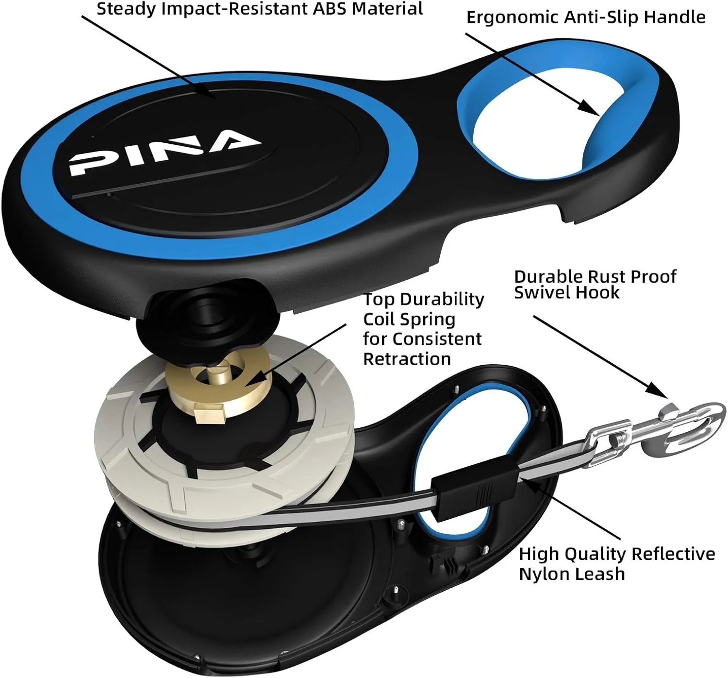 PINA Retractable Dog Leash, 26ft Dog Leash for Small Medium Large Dogs Up to 110lbs, 360° Tangle-Free Strong Reflective Nylon Tape, with Anti-Slip Handle, One-Handed Brake, Lock - Black Blue