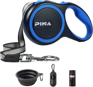 PINA Retractable Dog Leash, 26ft Dog Leash for Small Medium Large Dogs Up to 110lbs, 360° Tangle-Free Strong Reflective Nylon Tape, with Anti-Slip Handle, One-Handed Brake, Lock - Black Blue