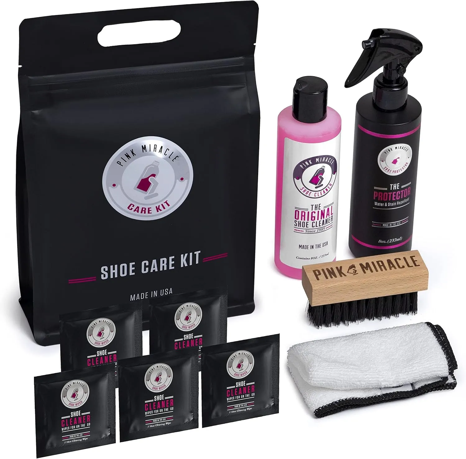Pink Miracle Shoe Care Kit - Includes 8 oz. Shoe Cleaner and Brush, The Protector Sneaker Repellent Spray, Shoe Cleaning Wipes (5), and a Microfiber Towel
