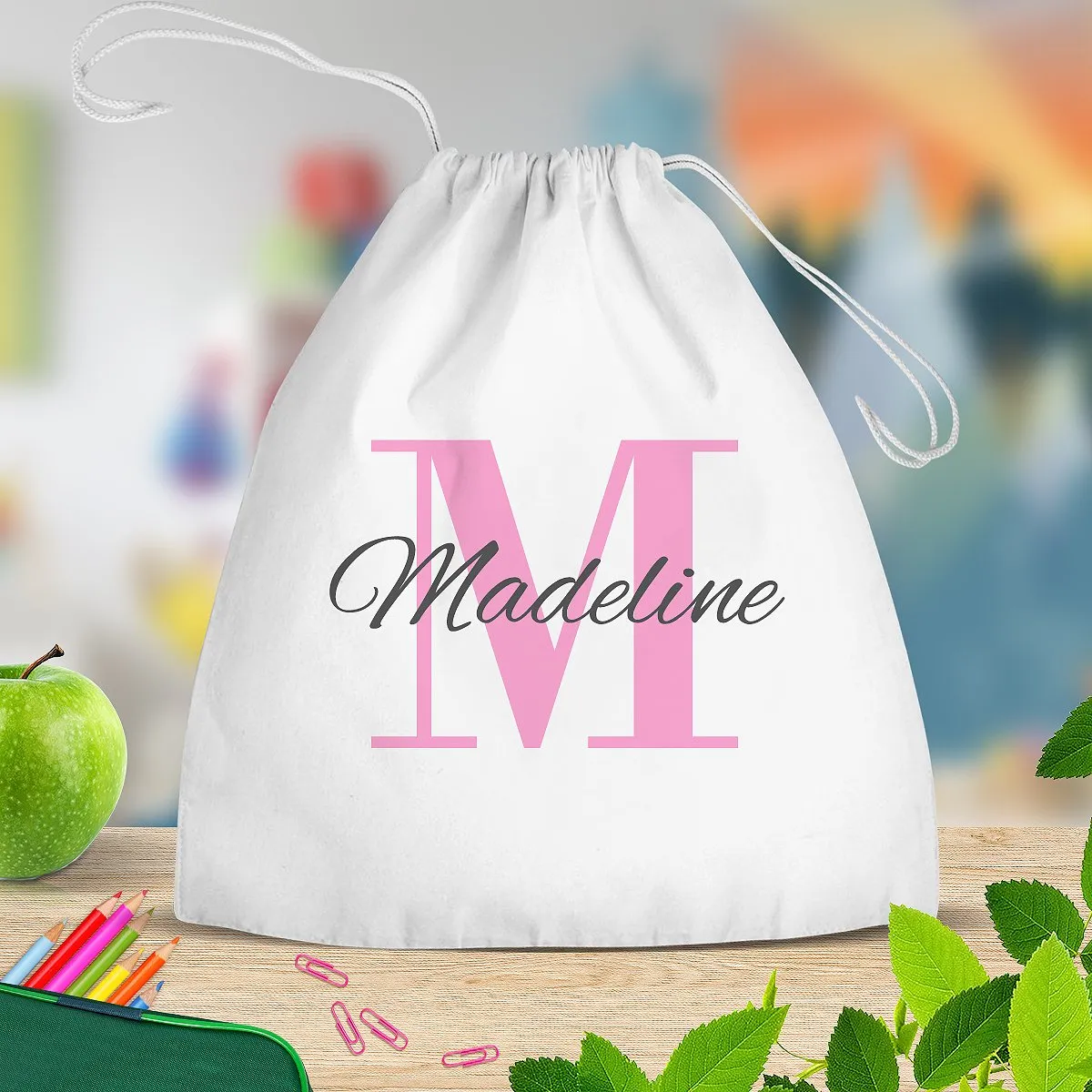 Pink Monogram White Drawstring Bag