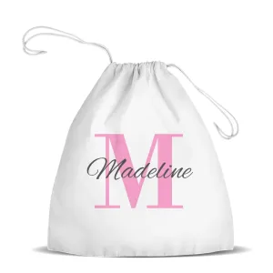 Pink Monogram White Drawstring Bag