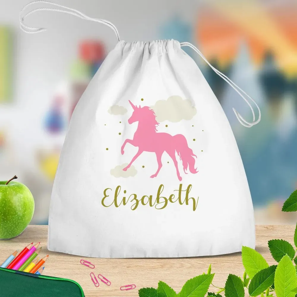 Pink Unicorn White Drawstring Bag