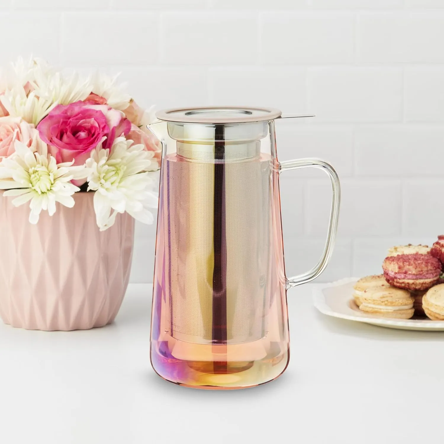Pinky Up Annika Glass Teapot - Tea Glass Pot Infuser and Tea Kettle for Loose Tea, 33oz Iridescent