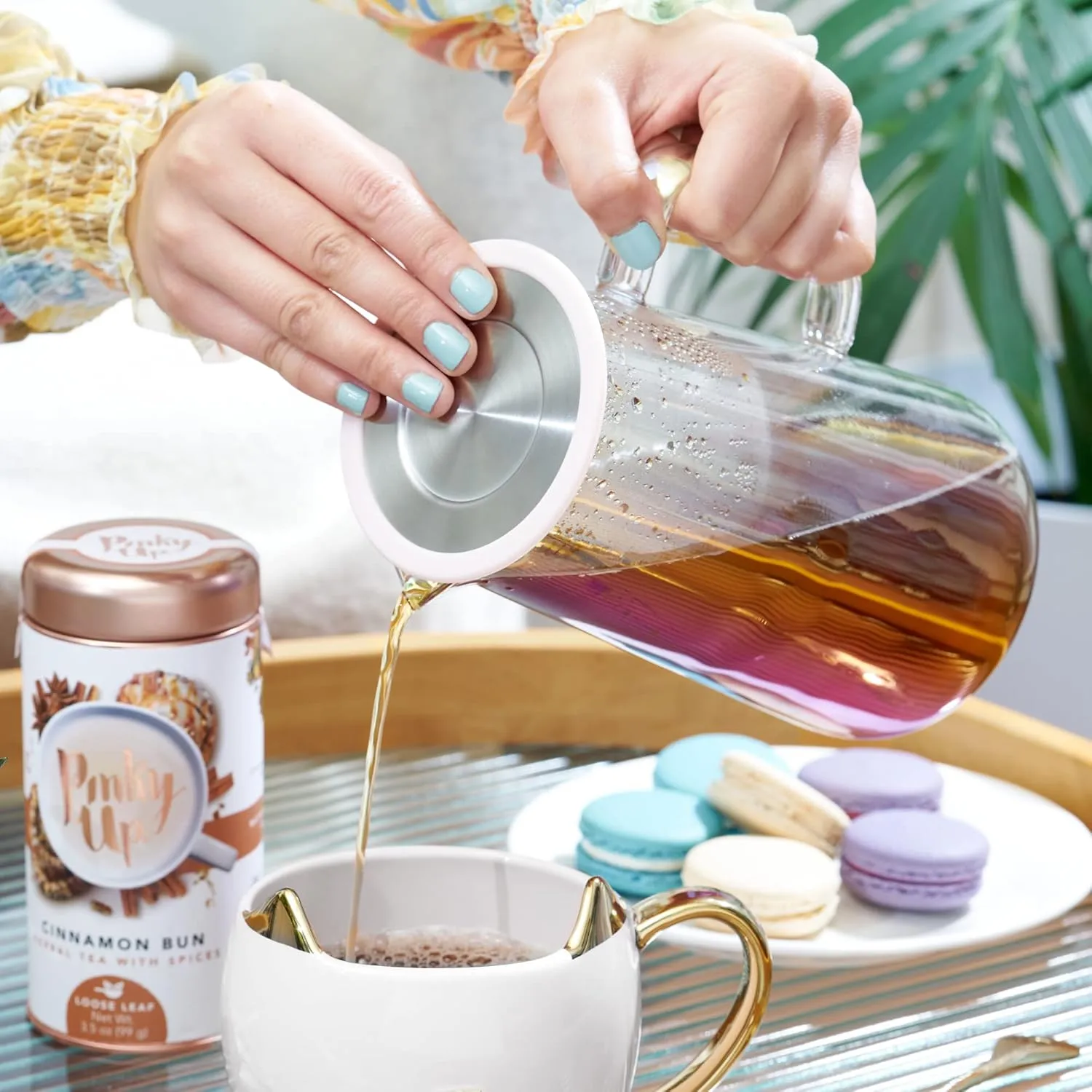 Pinky Up Annika Glass Teapot - Tea Glass Pot Infuser and Tea Kettle for Loose Tea, 33oz Iridescent