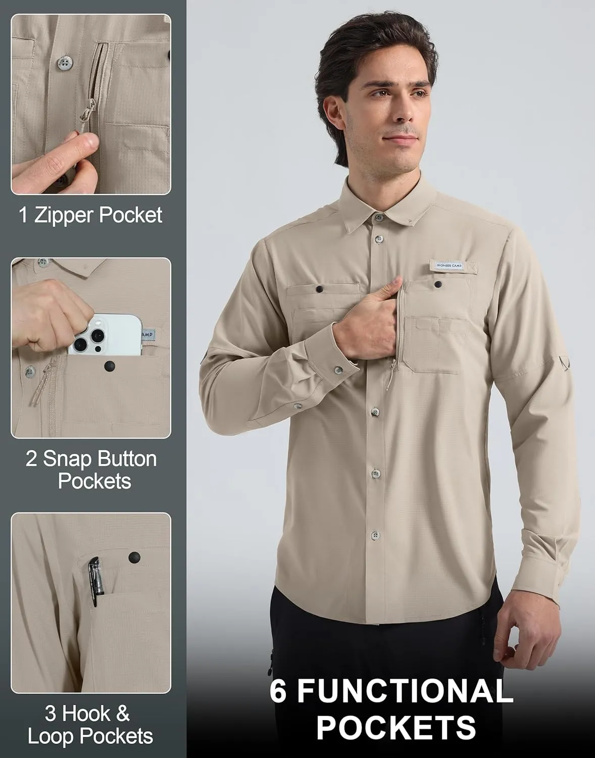 Pioneer Camp Men's Fishing Shirts Long Sleeve UPF50  Sun Protection UV Button Down Shirts Quick Dry Cooling for Hiking Safari