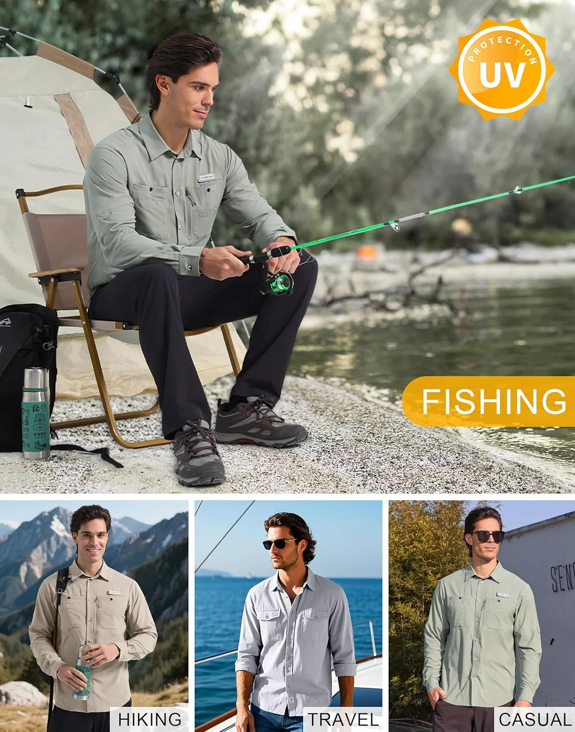 Pioneer Camp Men's Fishing Shirts Long Sleeve UPF50  Sun Protection UV Button Down Shirts Quick Dry Cooling for Hiking Safari